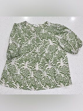 Panama Jack Women's Linen Blend Popover Shirt Tropical Floral, Size L Green/Ecru